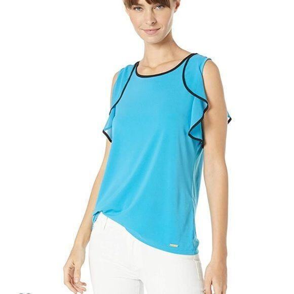 Calvin Klein Womens Blouse Top Shirt Ruffle Sleeve Pullover Teal Black XS - Picture 15 of 16